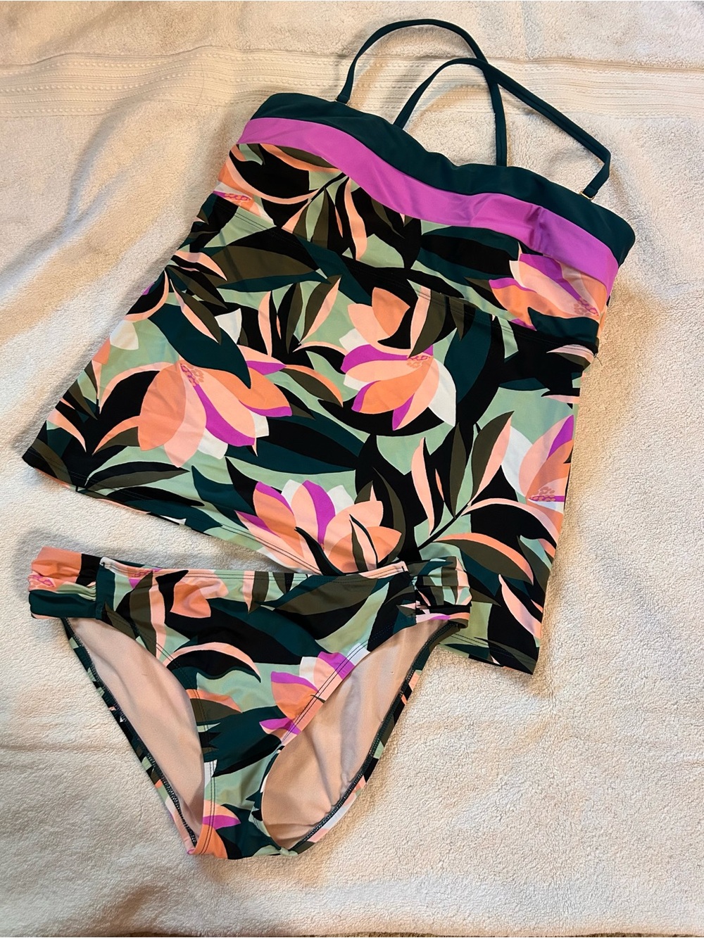 dip Floral Leaf Print Tankini in Green, Pink & Peach